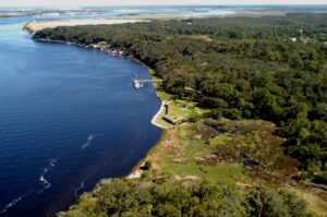 Aerial view of the site of Fort Caroline, a National Park Service property, and a residential neighborhood known as St. Johns Bluff.