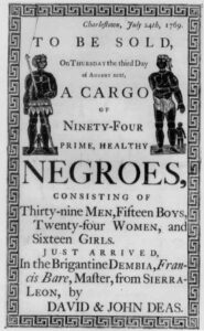 1769 Newspaper advertisement for enslaved Africans, Charleston, South Carolina.