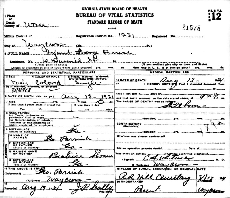 Official death certificate for Infant George Parrish. Identifier number 21578.